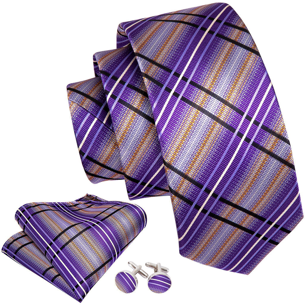 Purple Beige Striped Silk Tie, Pocket Square and Cufflinks Set tie sets - Sophisticated Gentlemen