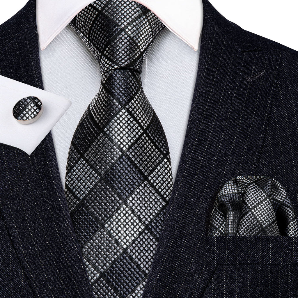 Black White Plaid Tie, Pocket Square and Cufflinks Set tie sets - Sophisticated Gentlemen
