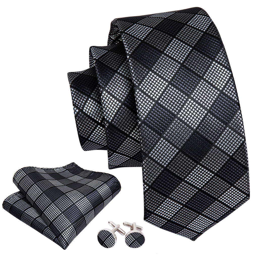 Black White Plaid Tie, Pocket Square and Cufflinks Set tie sets - Sophisticated Gentlemen