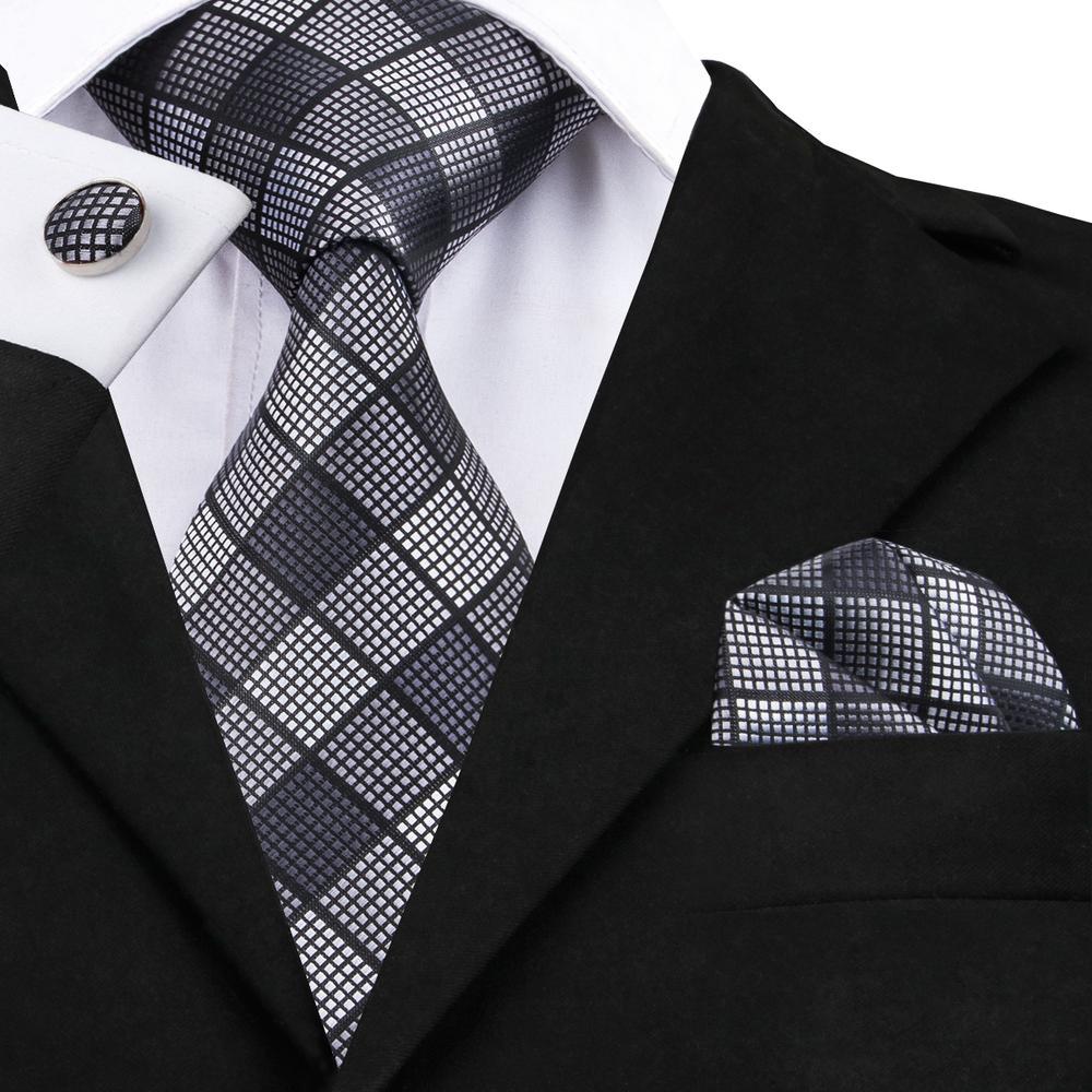 Black White Plaid Tie, Pocket Square and Cufflinks Set tie sets - Sophisticated Gentlemen