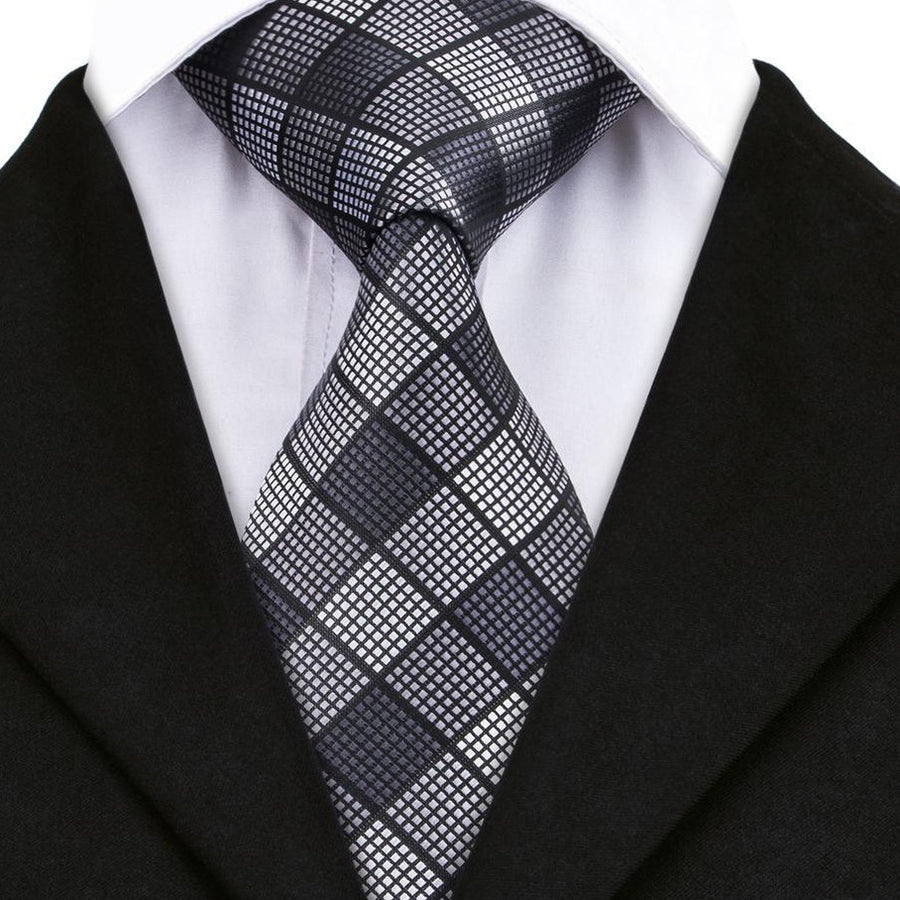 Black White Plaid Tie, Pocket Square and Cufflinks Set tie sets - Sophisticated Gentlemen