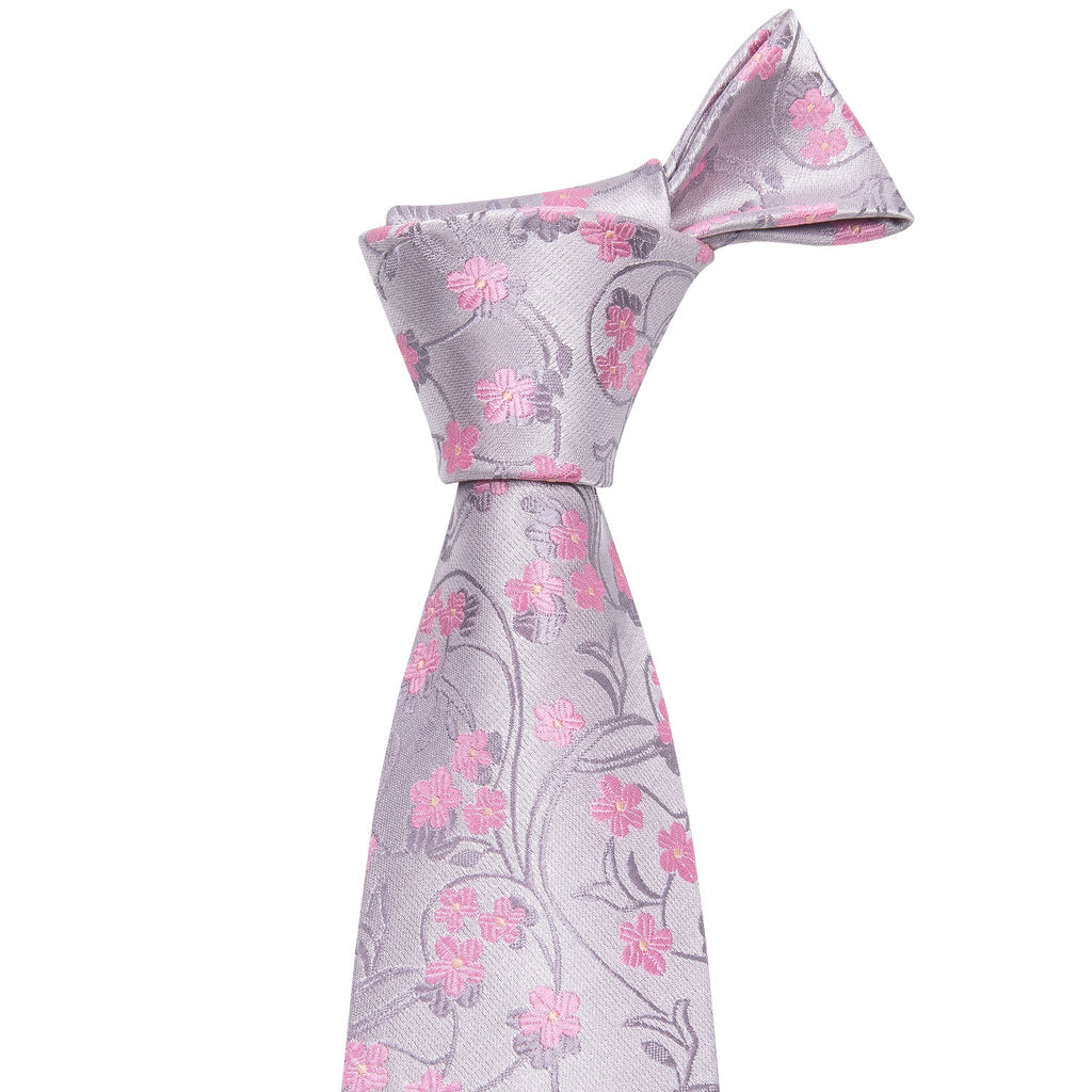 Pink and Silver Floral Tie, Pocket Square and Cufflinks Set tie sets - Sophisticated Gentlemen