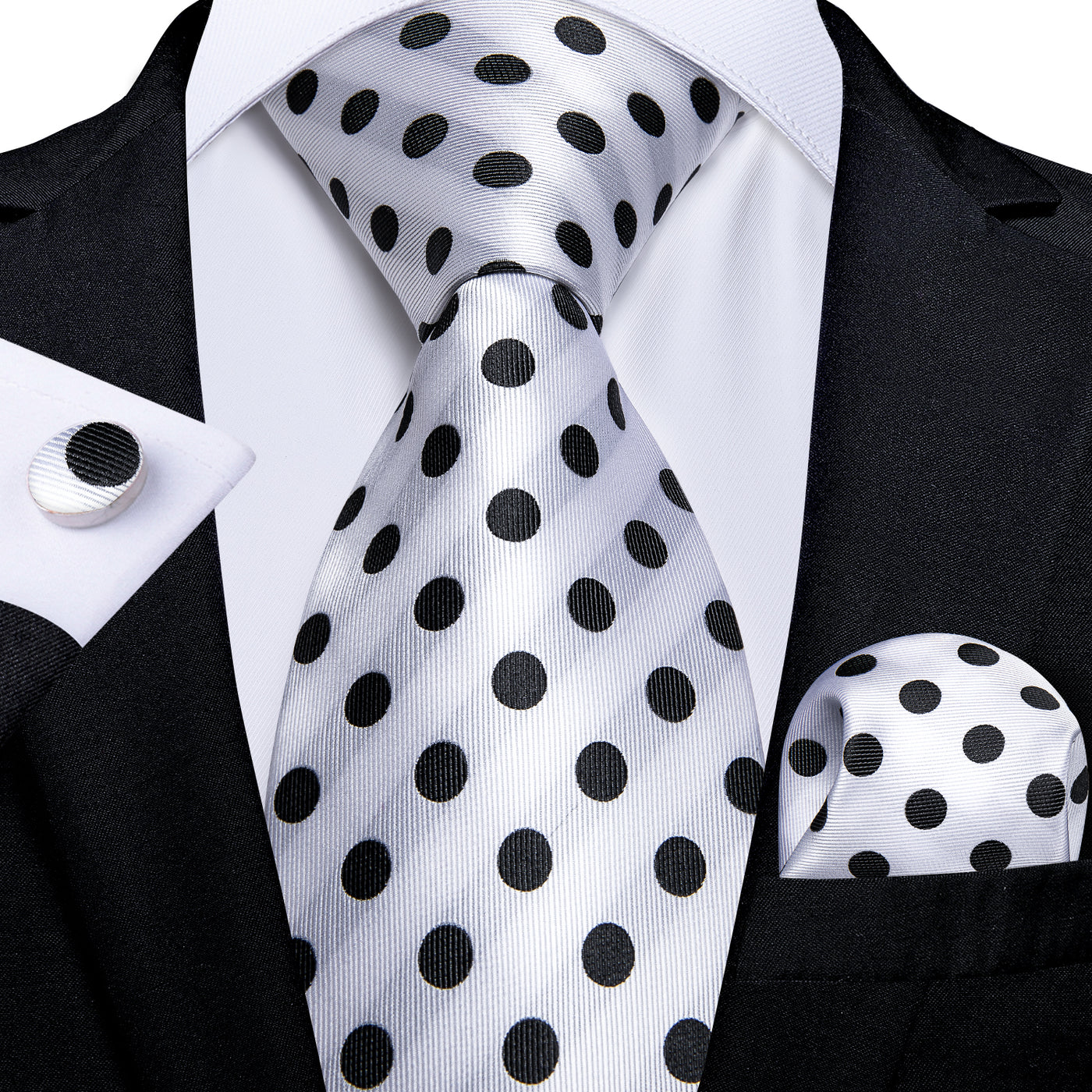 Black & White Polka Dot Tie, Pocket Square and Cufflinks tie sets - Sophisticated Gentlemen