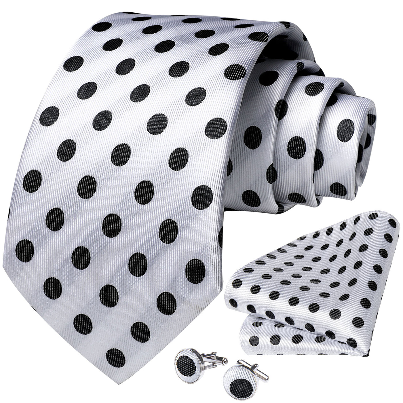 Black & White Polka Dot Tie, Pocket Square and Cufflinks tie sets - Sophisticated Gentlemen