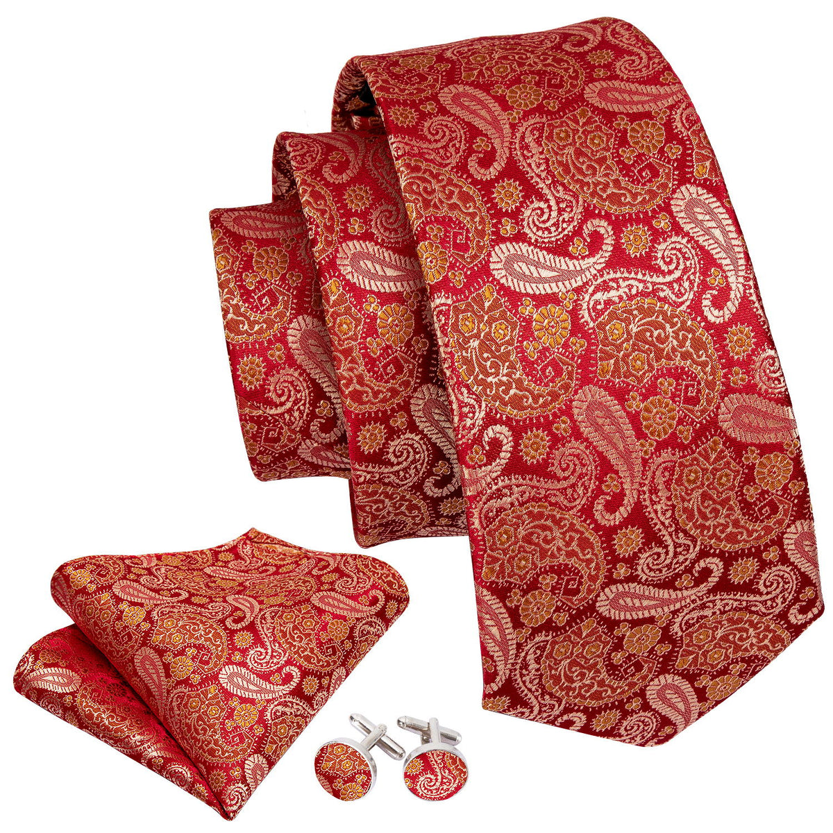 Red Paisley Silk Tie, Pocket Square and Cufflinks Set tie sets - Sophisticated Gentlemen