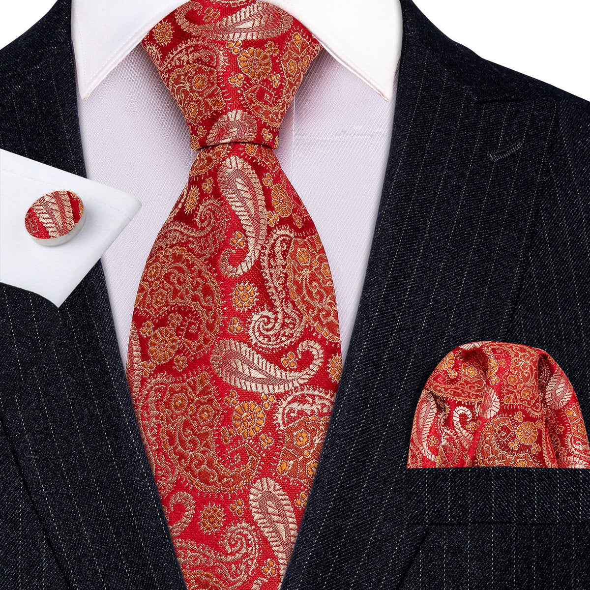 Red Paisley Silk Tie, Pocket Square and Cufflinks Set tie sets - Sophisticated Gentlemen