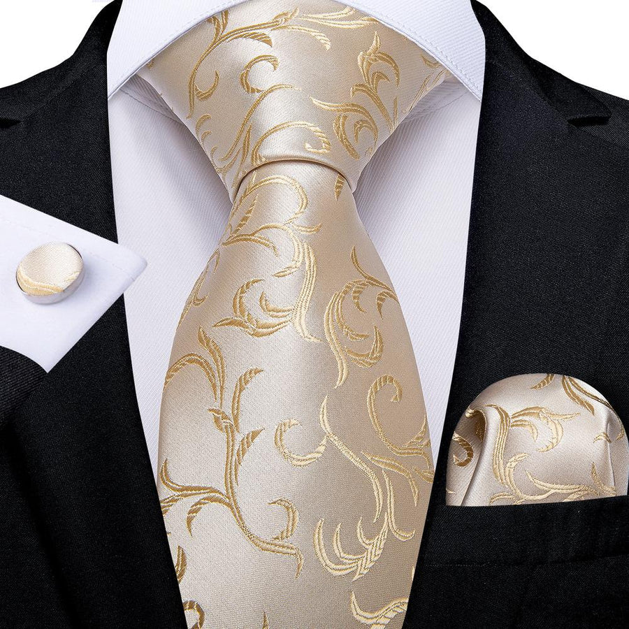Champagne and Silver Floral XL Tie, Pocket Square and Cufflinks tie sets - Sophisticated Gentlemen