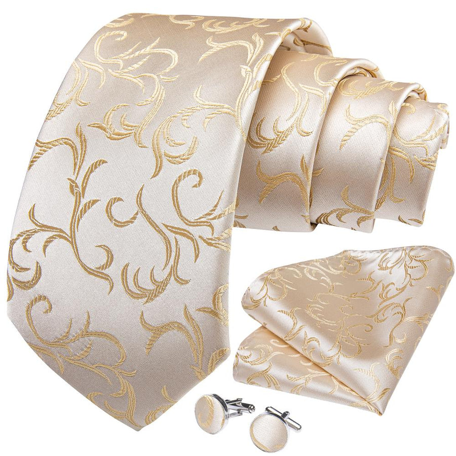 Champagne and Silver Floral XL Tie, Pocket Square and Cufflinks tie sets - Sophisticated Gentlemen