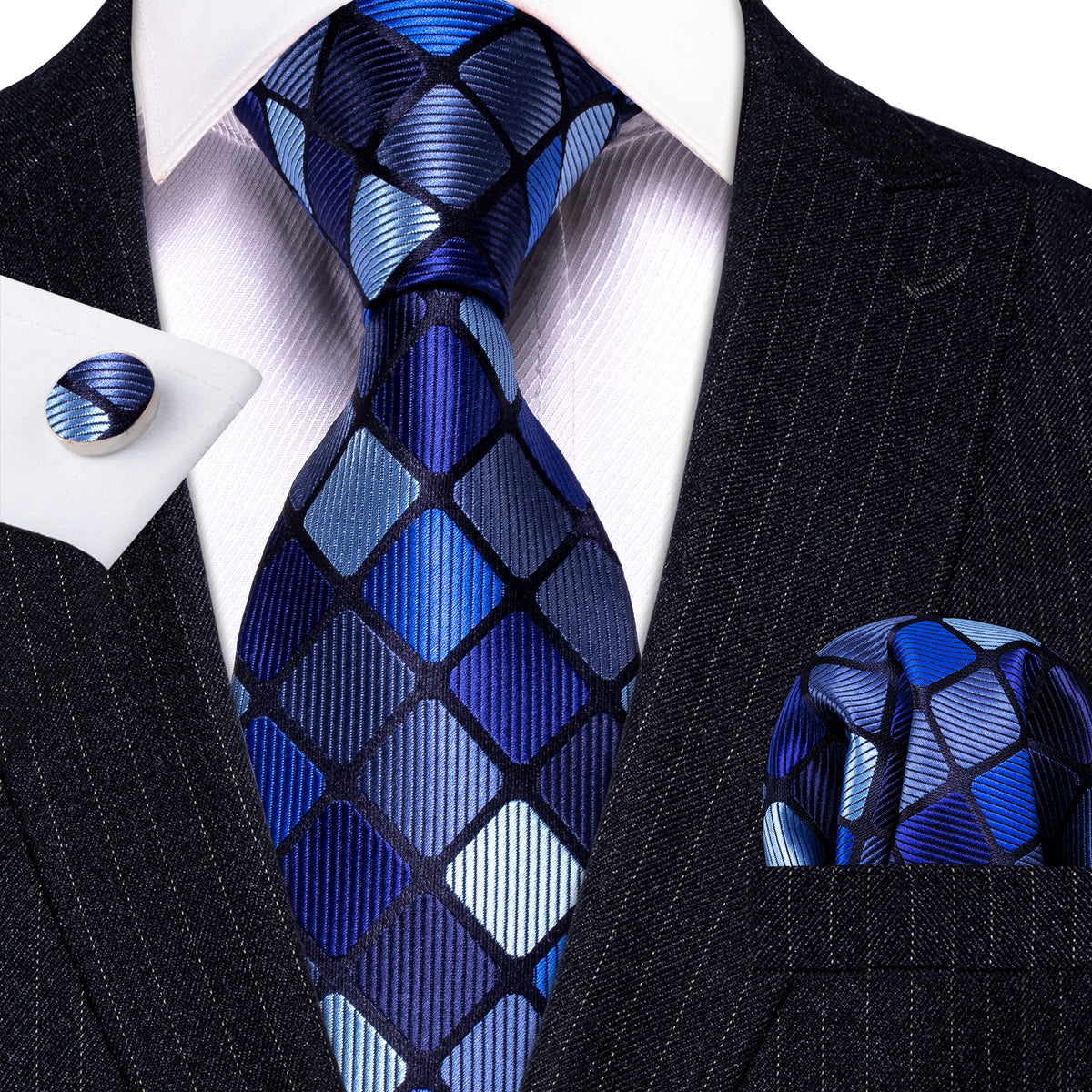 Navy Blue Plaid Silk Tie, Pocket Square and Cufflinks Set tie sets - Sophisticated Gentlemen