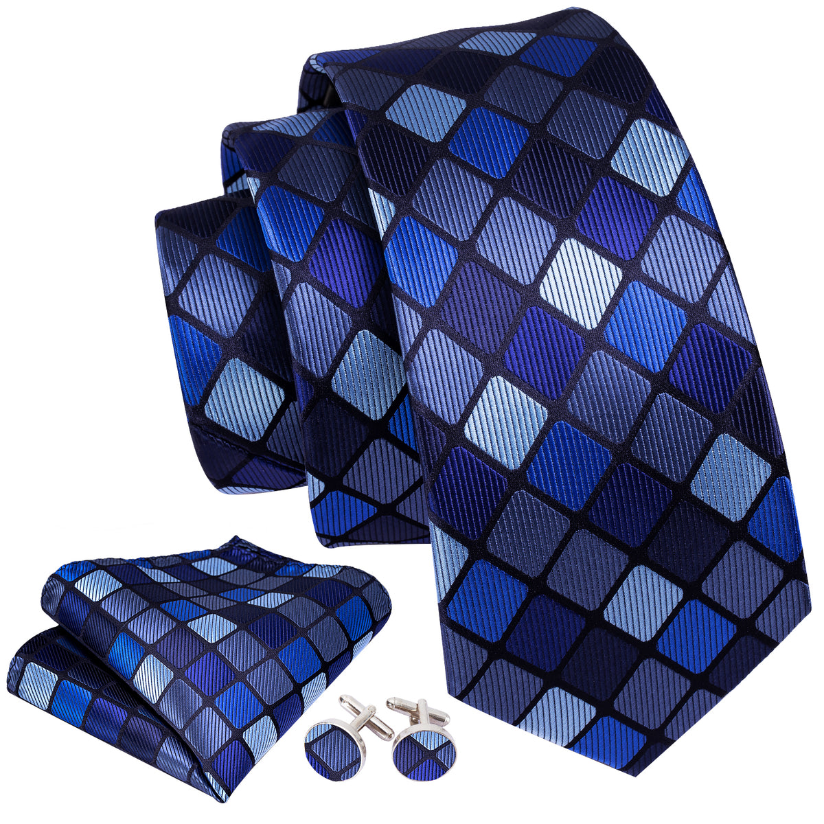 Navy Blue Plaid Silk Tie, Pocket Square and Cufflinks Set tie sets - Sophisticated Gentlemen
