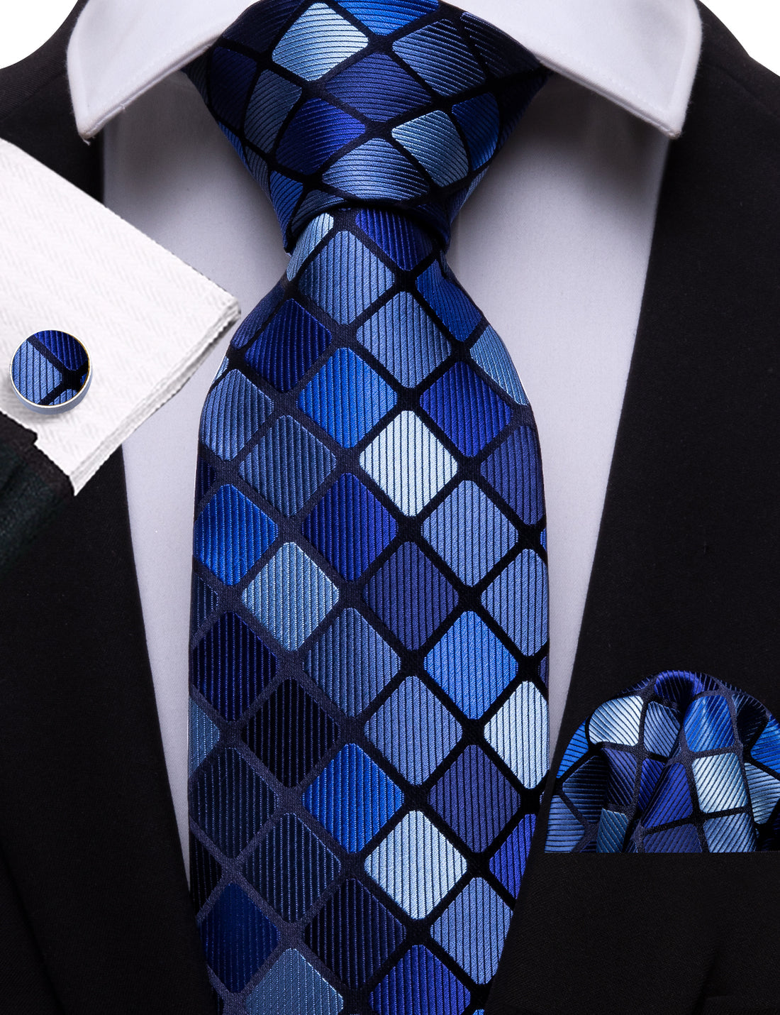 Navy Blue Plaid Silk Tie, Pocket Square and Cufflinks Set tie sets - Sophisticated Gentlemen