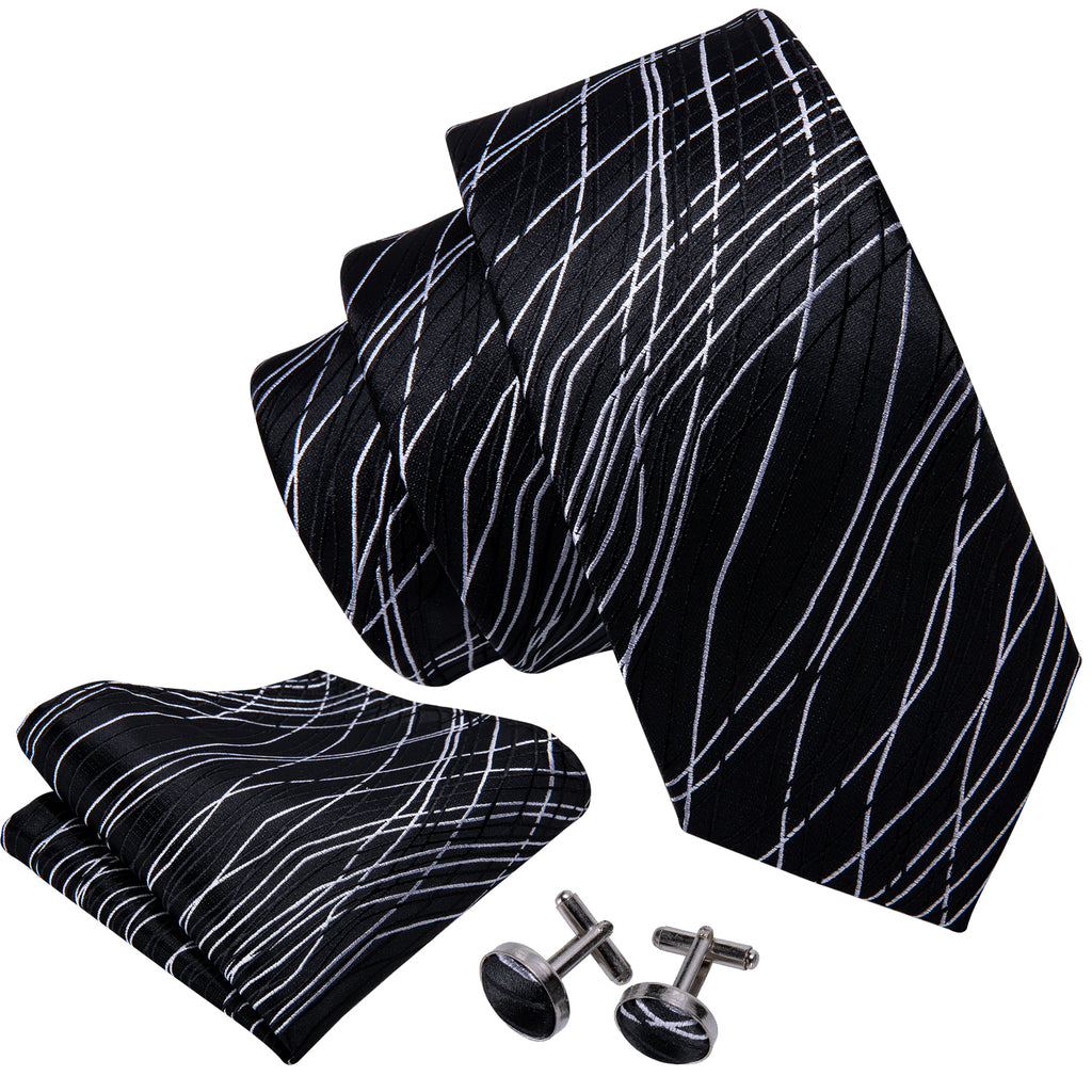 Black White Novelty Silk Tie, Pocket Square and Cufflinks Set tie sets - Sophisticated Gentlemen