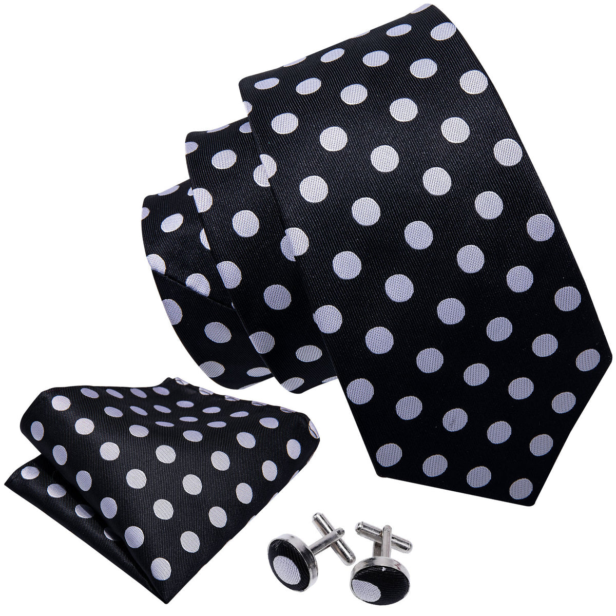 Dashing Black & Silver Polka Dot Tie Set with Pocket Square and Cufflinks tie sets - Sophisticated Gentlemen