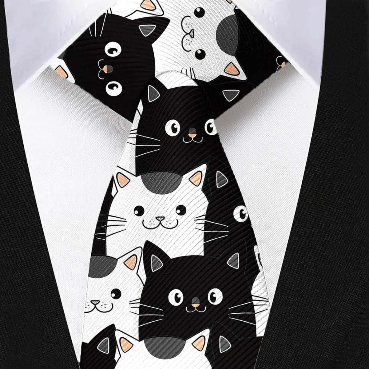 Black & White Cat Pattern Silk Tie – Fun & Stylish Tie for Cat Lovers Tie set - Sophisticated Gentlemen