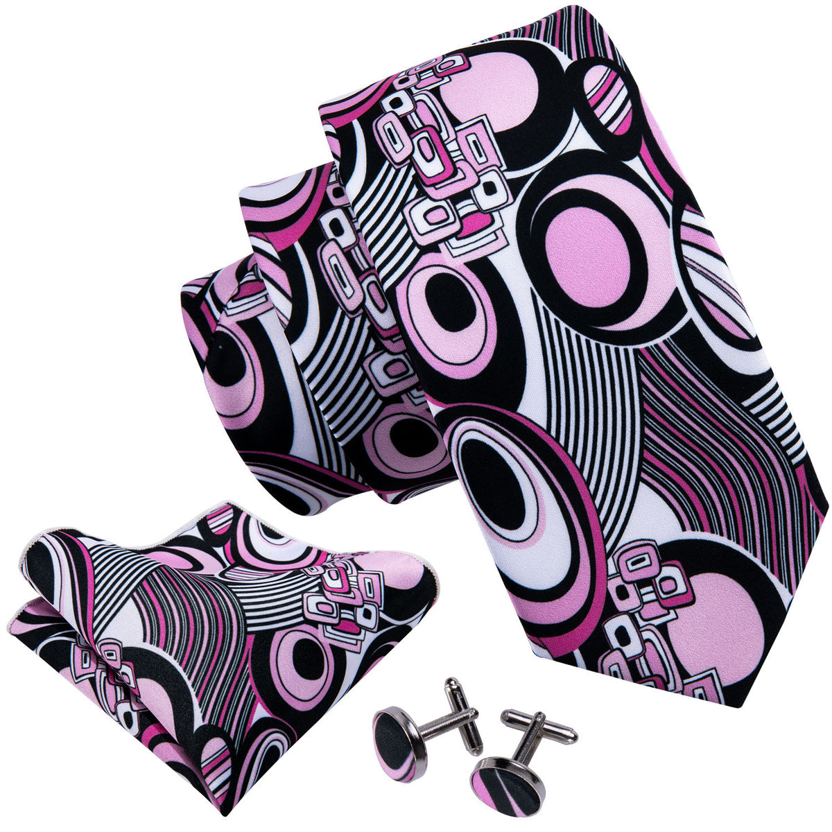 Bold Black and Pink Designer Silk Tie Set with Pocket Square and Cufflinks tie sets - Sophisticated Gentlemen