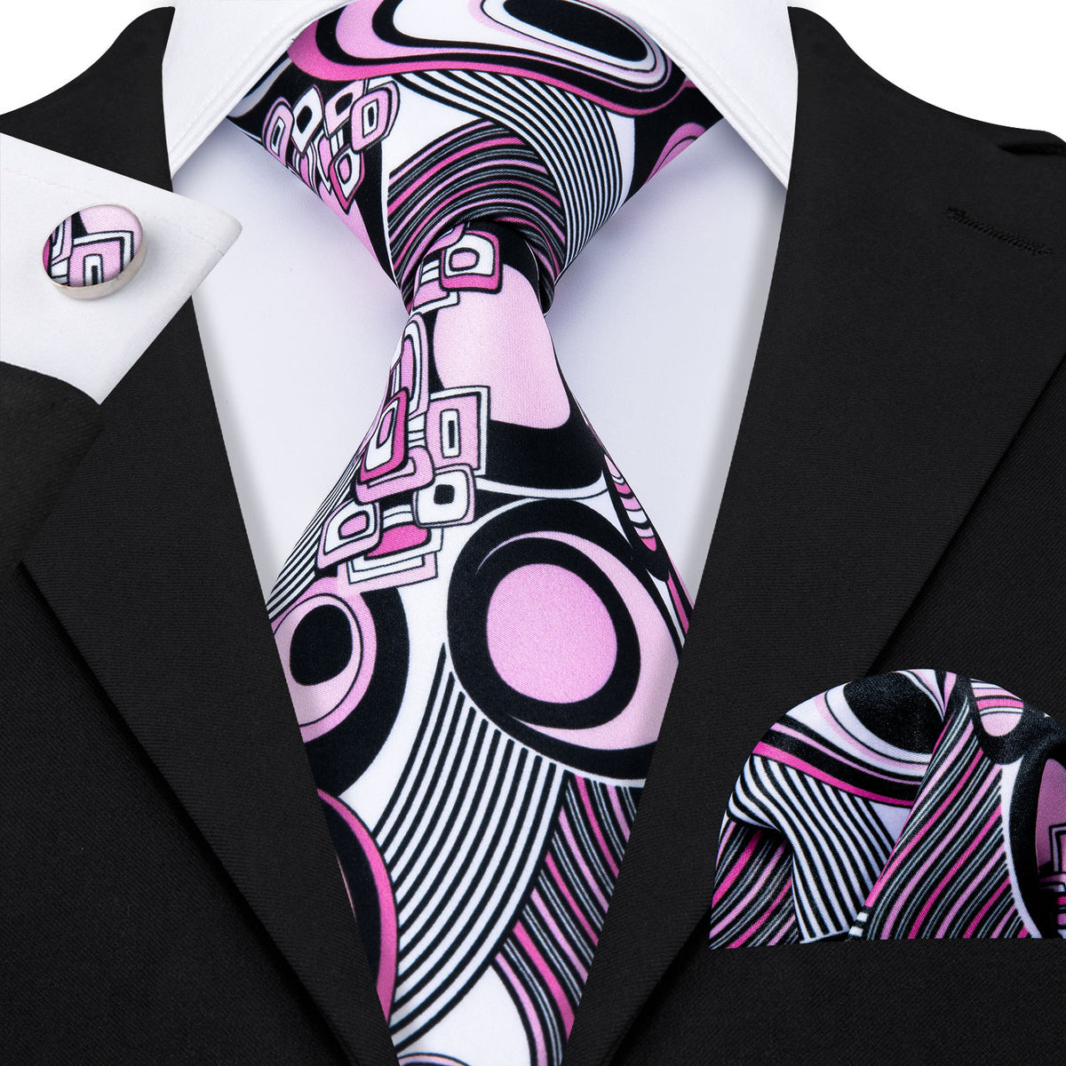 Bold Black and Pink Designer Silk Tie Set with Pocket Square and Cufflinks tie sets - Sophisticated Gentlemen