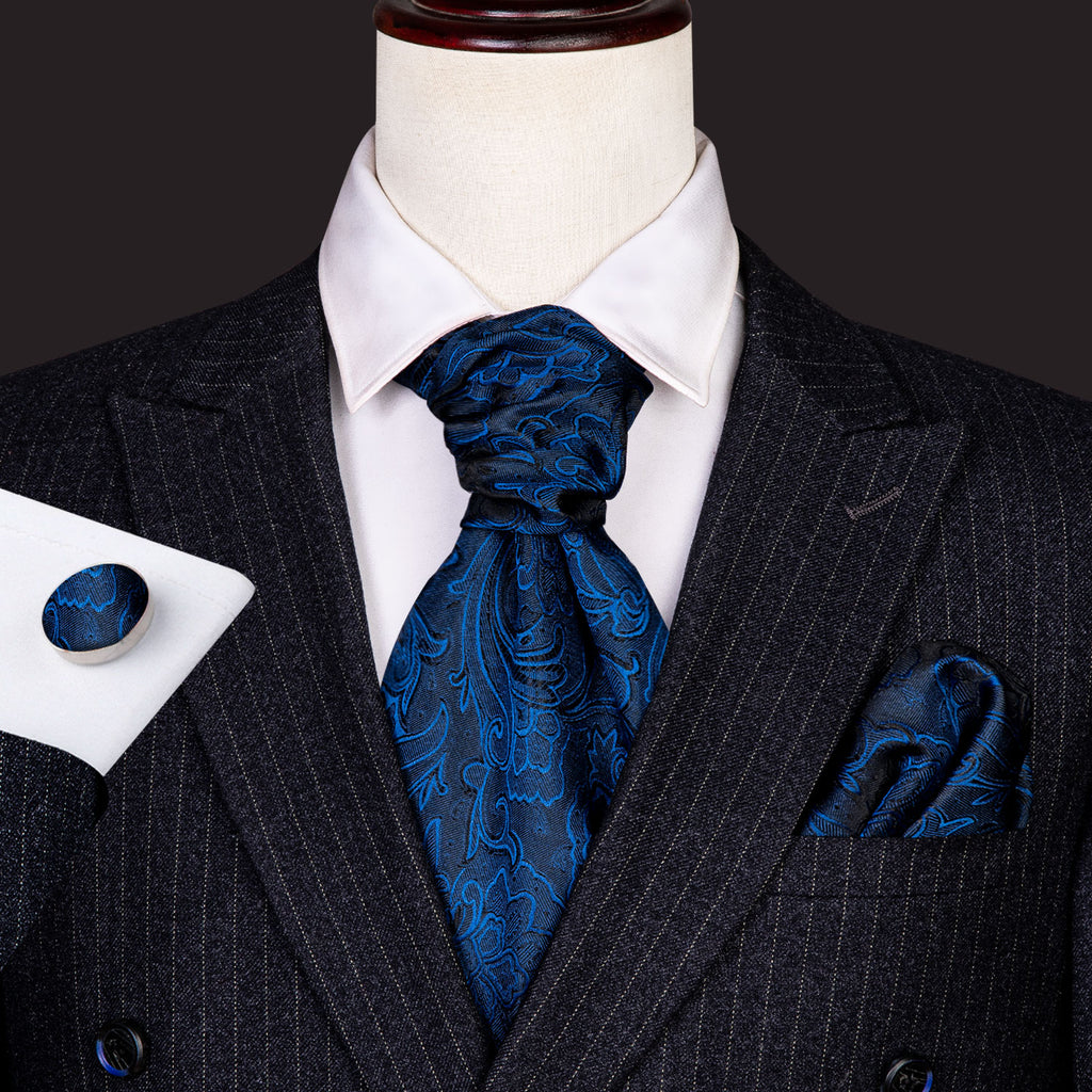 Blue Floral Ascot, Pocket Square and Cufflinks ascot - Sophisticated Gentlemen