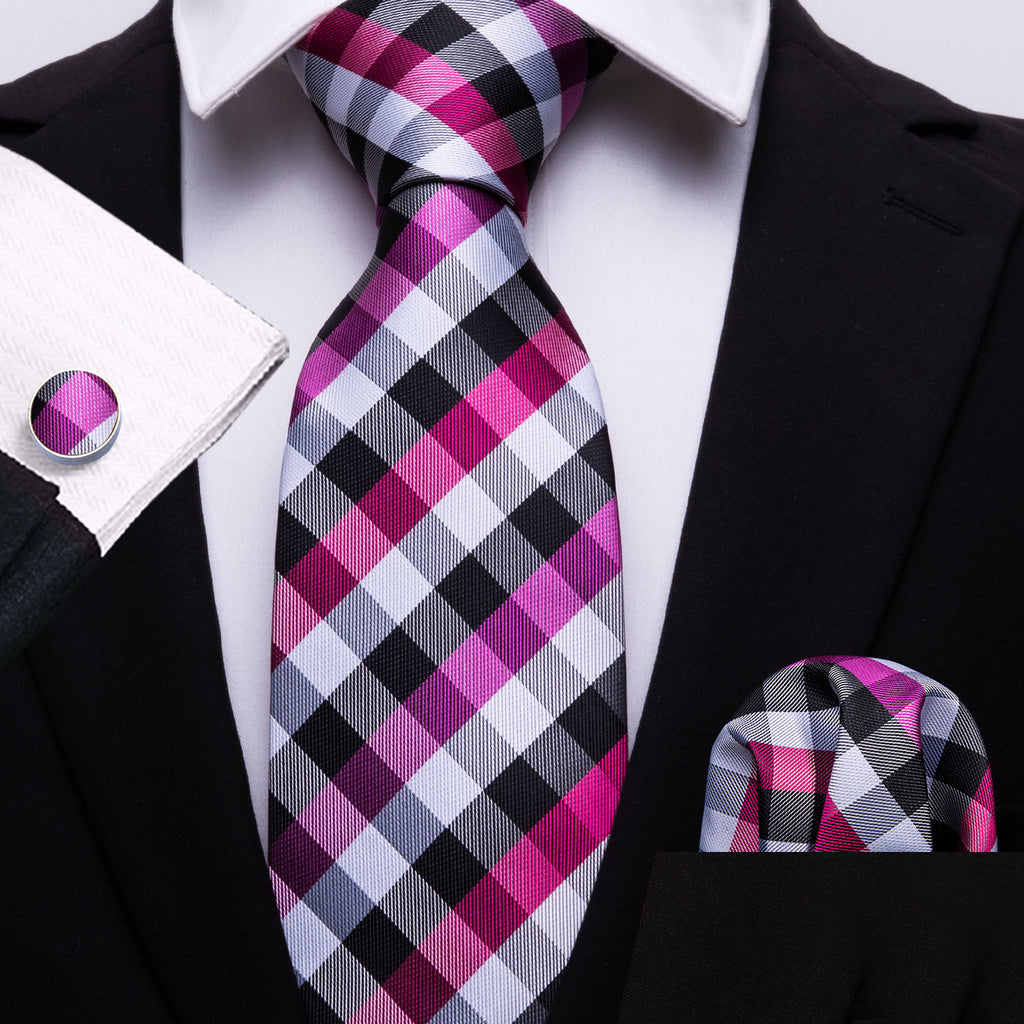 Pink Plaid Tie, Pocket Square and Cufflinks Set tie sets - Sophisticated Gentlemen