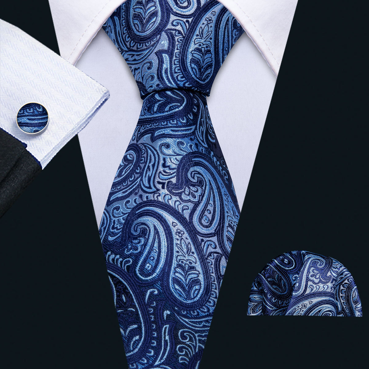 Blue Coral Paisley Tie, Pocket Square and Cufflinks Set tie sets - Sophisticated Gentlemen