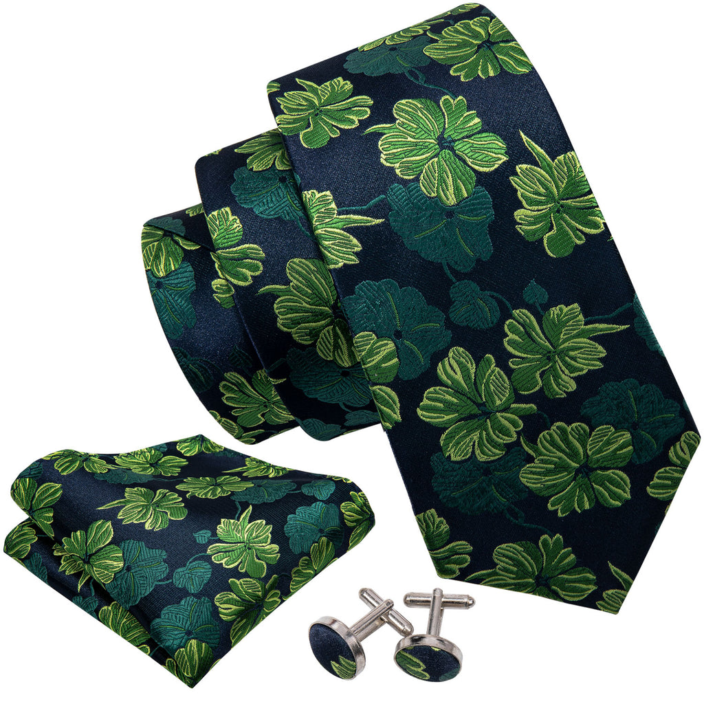 Green Jacquard Floral Silk Tie, Pocket Square and Cufflinks Set tie sets - Sophisticated Gentlemen