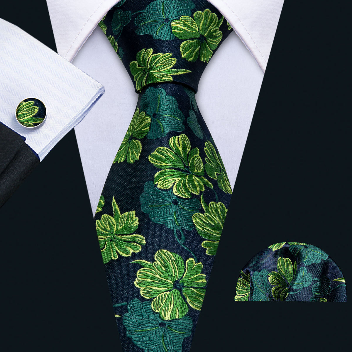Green Jacquard Floral Silk Tie, Pocket Square and Cufflinks Set tie sets - Sophisticated Gentlemen