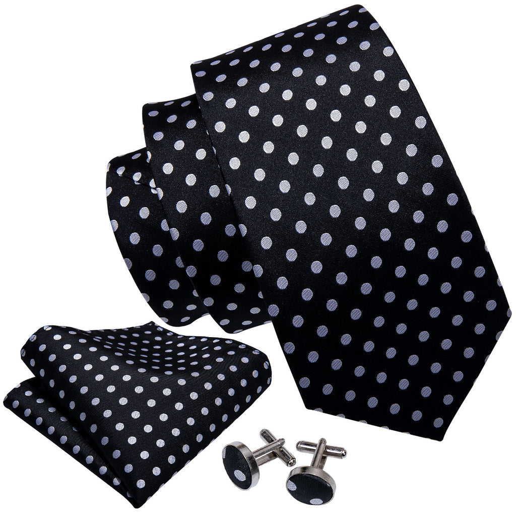 Black & White Polka Dot Silk Tie, Pocket Square & Cufflinks Set tie sets - Sophisticated Gentlemen