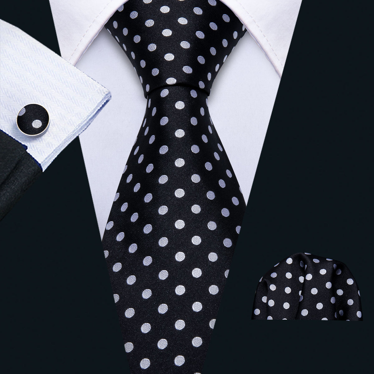 Black & White Polka Dot Silk Tie, Pocket Square & Cufflinks Set tie sets - Sophisticated Gentlemen