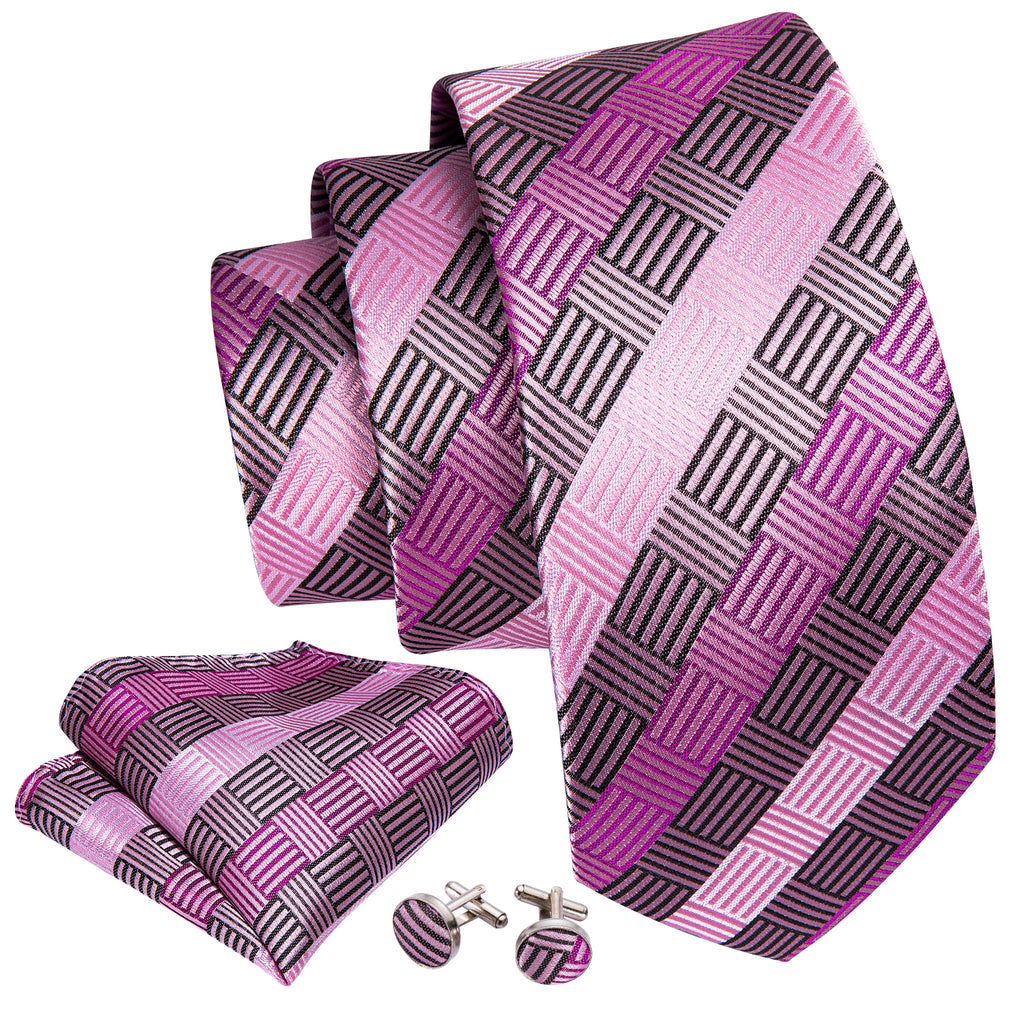 Pink Geometric Plaid Tie, Pocket Square and Cufflinks Set tie sets - Sophisticated Gentlemen