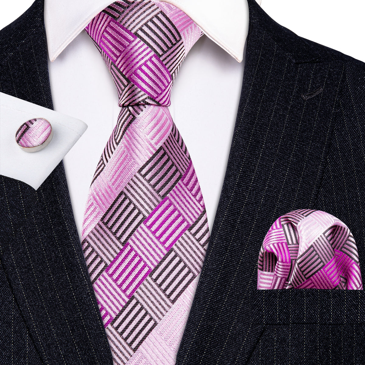 Pink Geometric Plaid Tie, Pocket Square and Cufflinks Set tie sets - Sophisticated Gentlemen