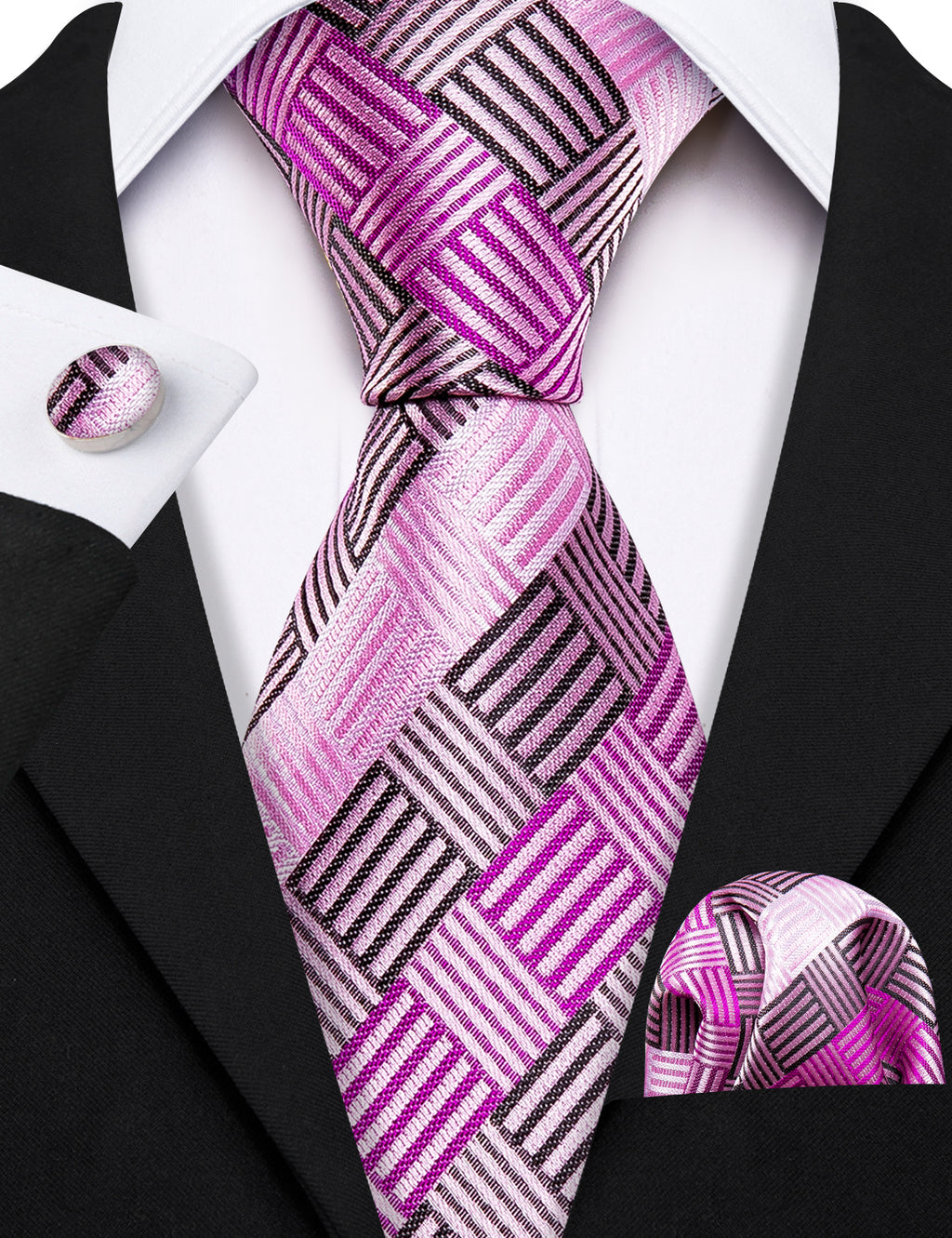 Pink Geometric Plaid Tie, Pocket Square and Cufflinks Set tie sets - Sophisticated Gentlemen