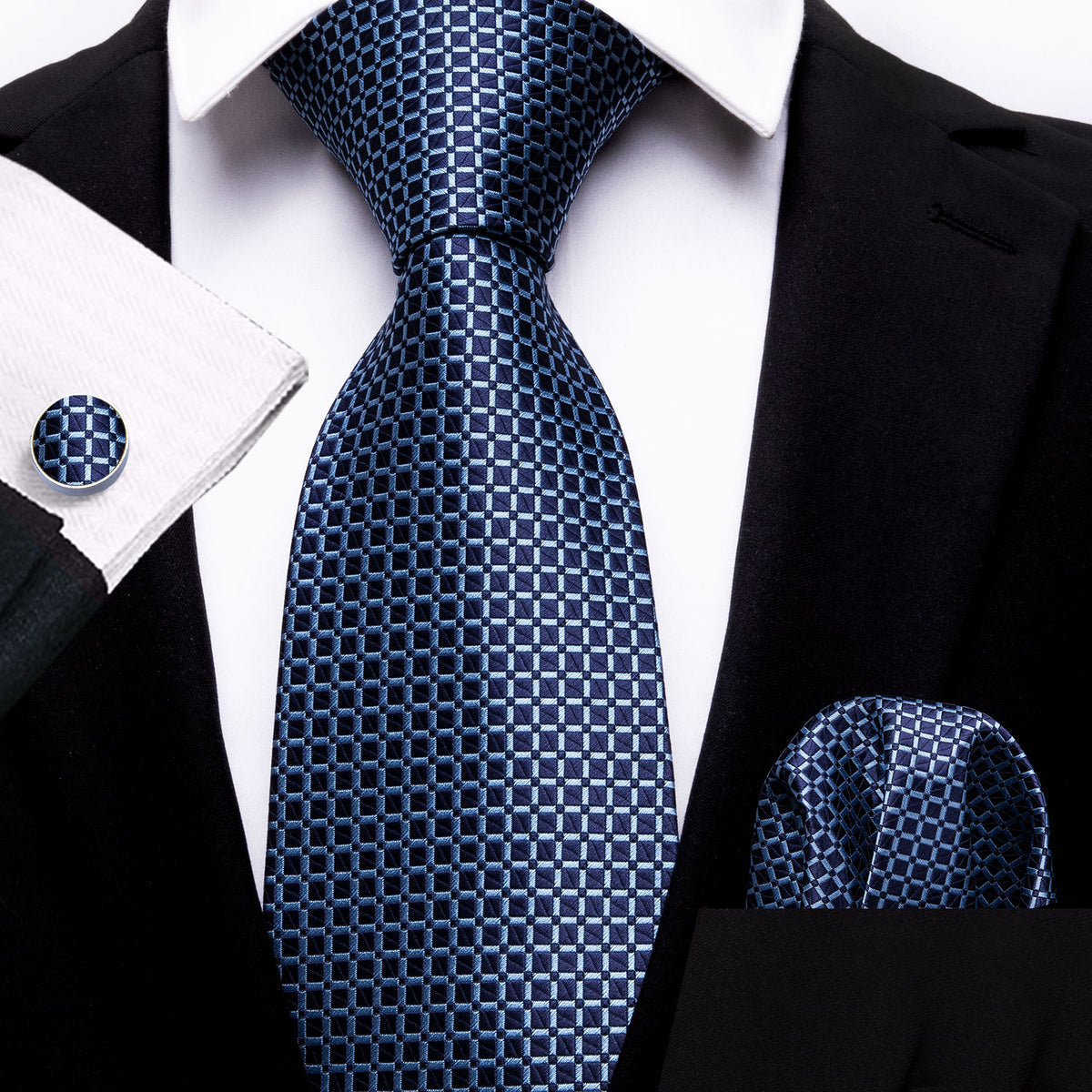 Dark Blue Plaid Tie, Pocket Square and Cufflinks Set tie sets - Sophisticated Gentlemen