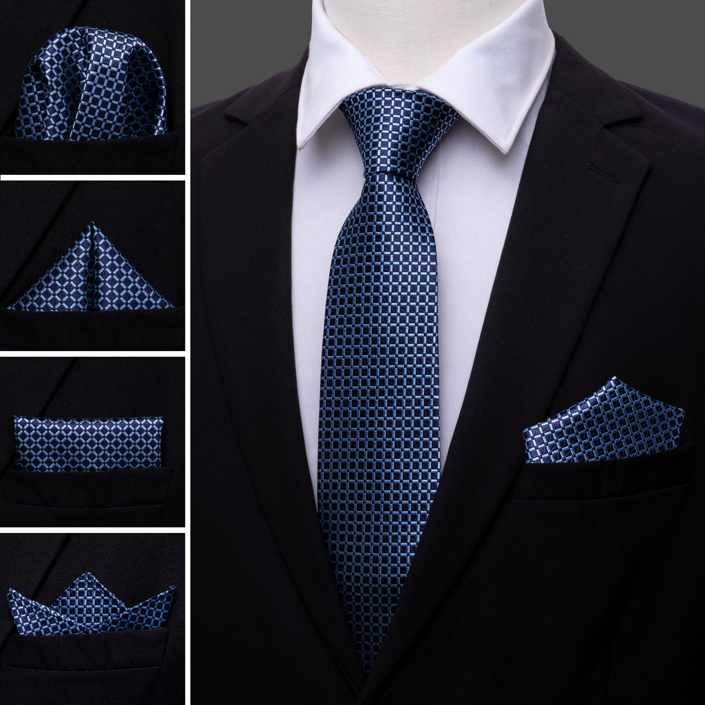 Dark Blue Plaid Tie, Pocket Square and Cufflinks Set tie sets - Sophisticated Gentlemen