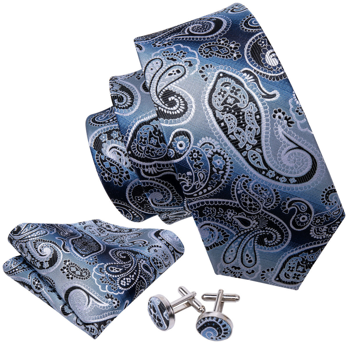 Blue Black Paisley Tie, Pocket Square and Cufflinks Set tie sets - Sophisticated Gentlemen