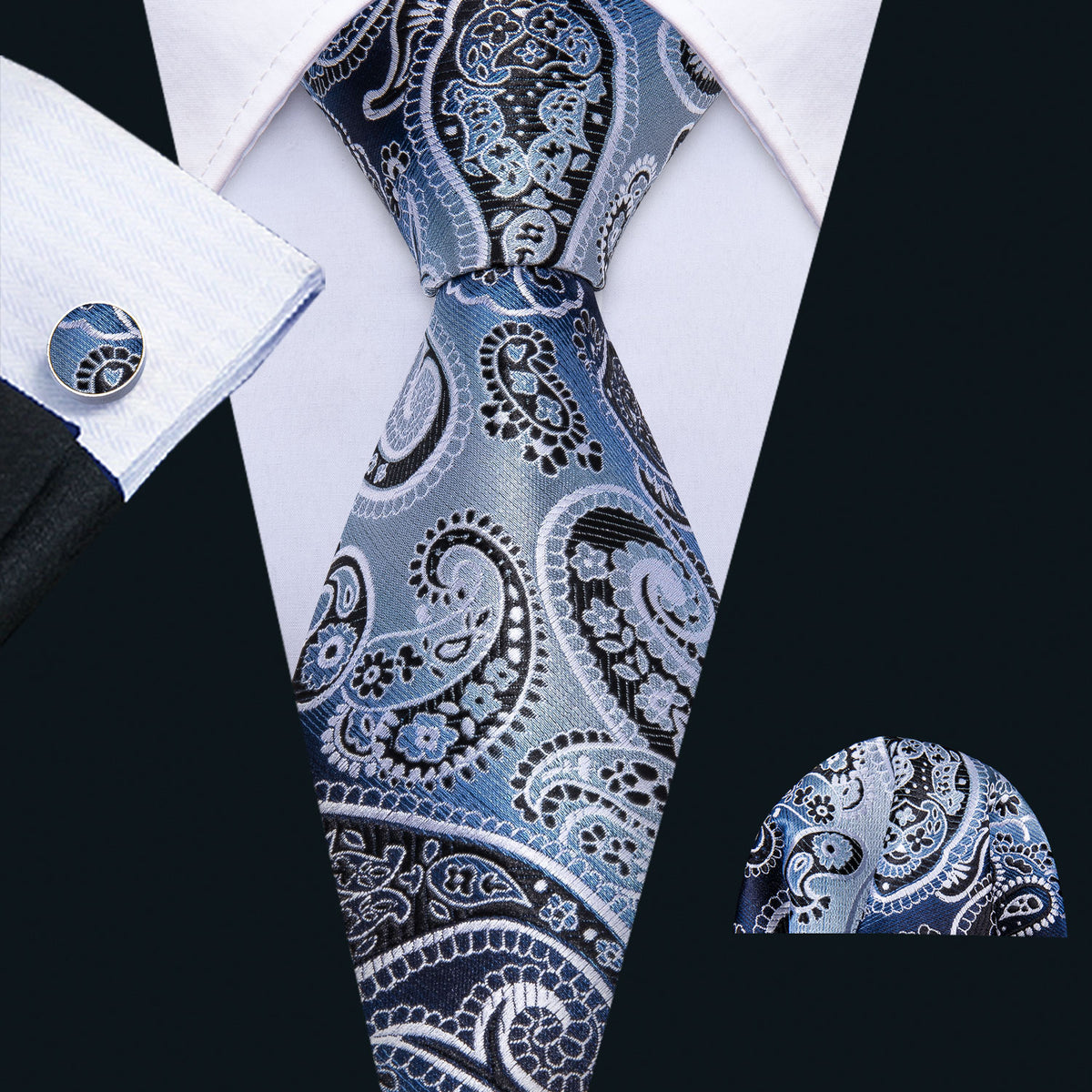Blue Black Paisley Tie, Pocket Square and Cufflinks Set tie sets - Sophisticated Gentlemen