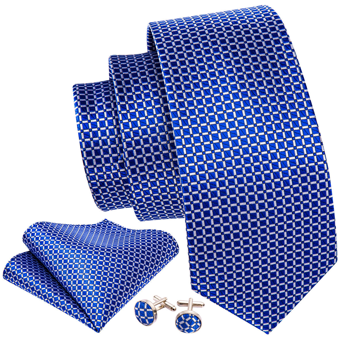 Modern Blue Plaid Silk Tie Set with Pocket Square and Cufflinks tie sets - Sophisticated Gentlemen
