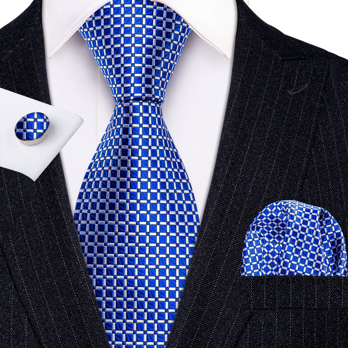 Modern Blue Plaid Silk Tie Set with Pocket Square and Cufflinks tie sets - Sophisticated Gentlemen
