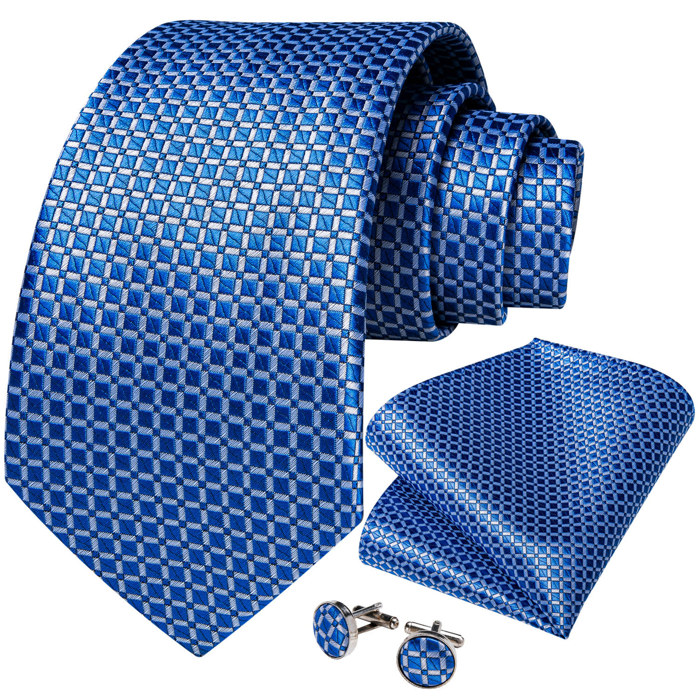 Modern Blue Plaid Silk Tie Set with Pocket Square and Cufflinks tie sets - Sophisticated Gentlemen