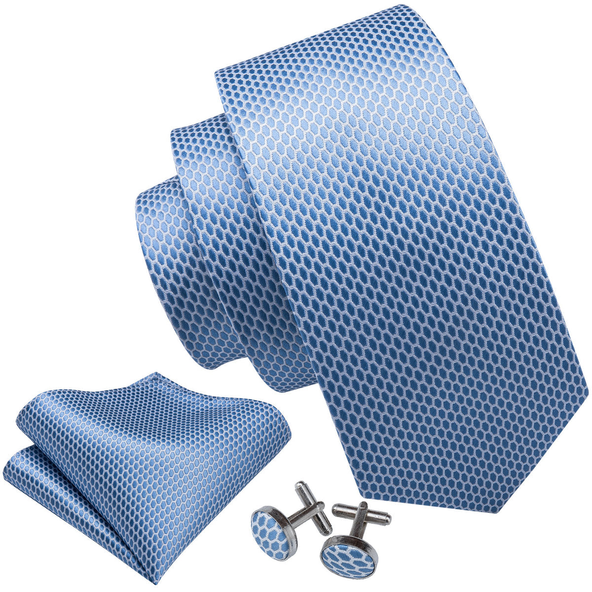 Sky Blue Geometric Tie, Pocket Square and Cufflinks Set tie sets - Sophisticated Gentlemen