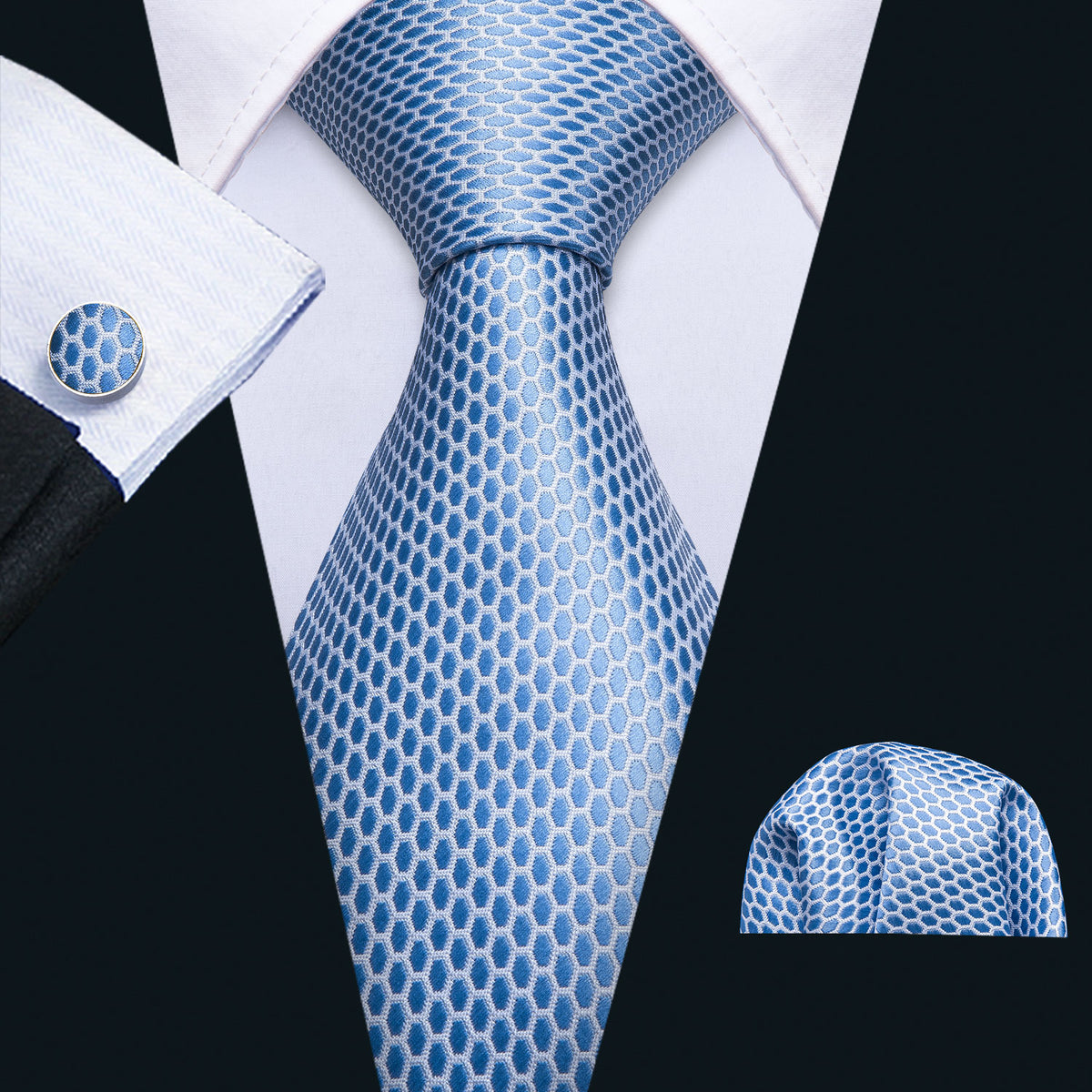 Sky Blue Geometric Tie, Pocket Square and Cufflinks Set tie sets - Sophisticated Gentlemen