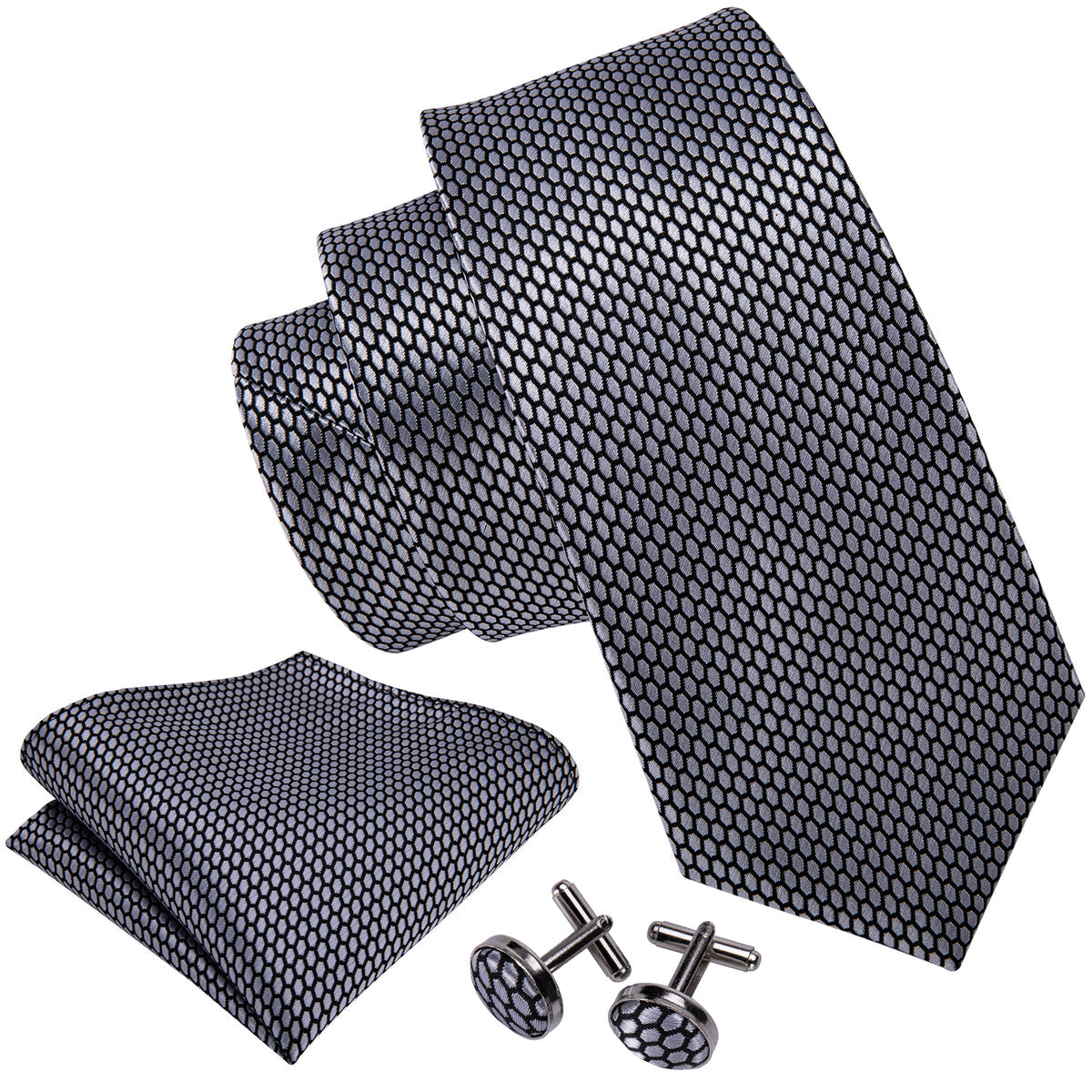 Sophisticated Gray Geometric Plaid Tie Set with Pocket Square and Cufflinks tie sets - Sophisticated Gentlemen