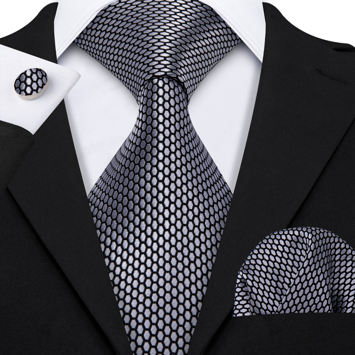 Sophisticated Gray Geometric Plaid Tie Set with Pocket Square and Cufflinks tie sets - Sophisticated Gentlemen