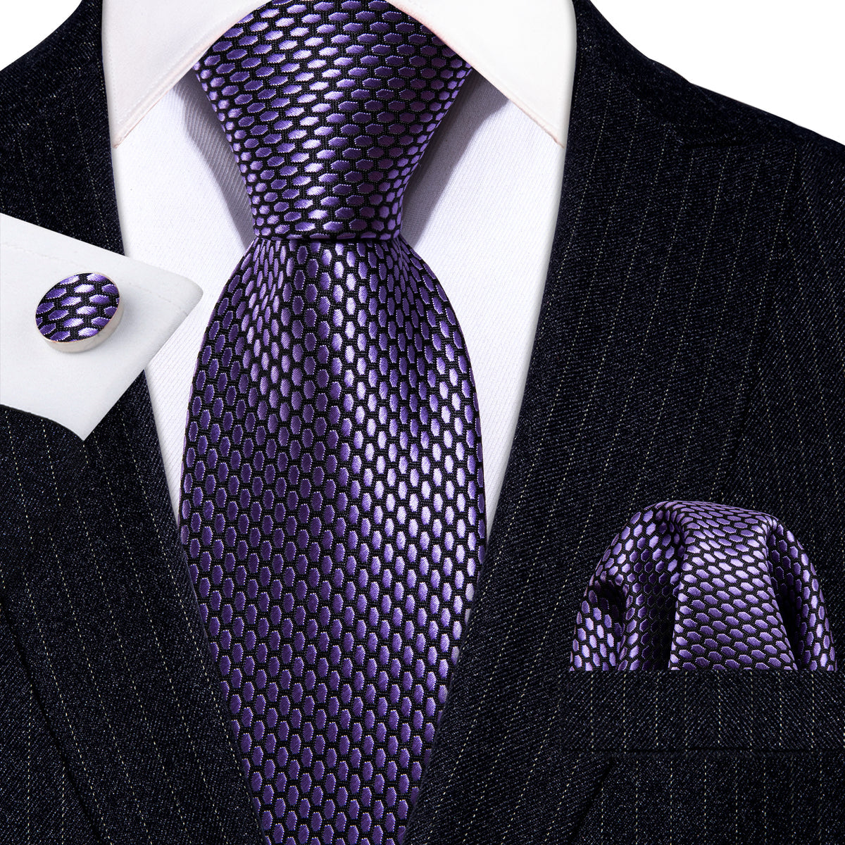 Purple Geometric Solid Tie, Pocket Square and Cufflinks Set tie sets - Sophisticated Gentlemen
