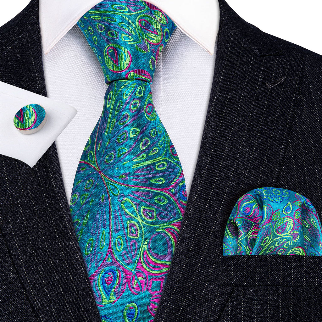 Blue Green Floral Tie, Pocket Square and Cufflinks Set tie sets - Sophisticated Gentlemen