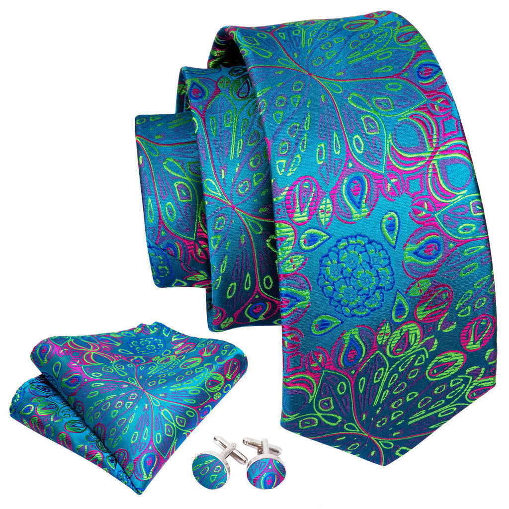 Blue Green Floral Tie, Pocket Square and Cufflinks Set tie sets - Sophisticated Gentlemen