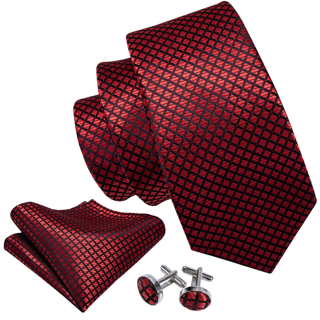 Red Black Plaid Tie, Pocket Square and Cufflinks Set tie sets - Sophisticated Gentlemen
