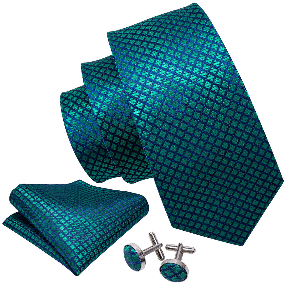 Checkered Teal Blue Plaid Tie, Pocket Square and Cufflinks Set tie sets - Sophisticated Gentlemen