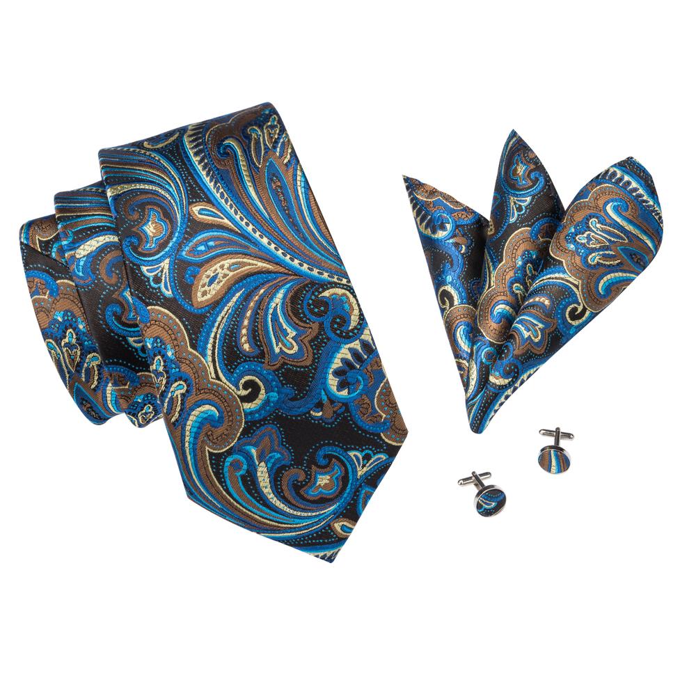 Brown Blue Floral Tie, Pocket Square and Cufflinks Set tie sets - Sophisticated Gentlemen