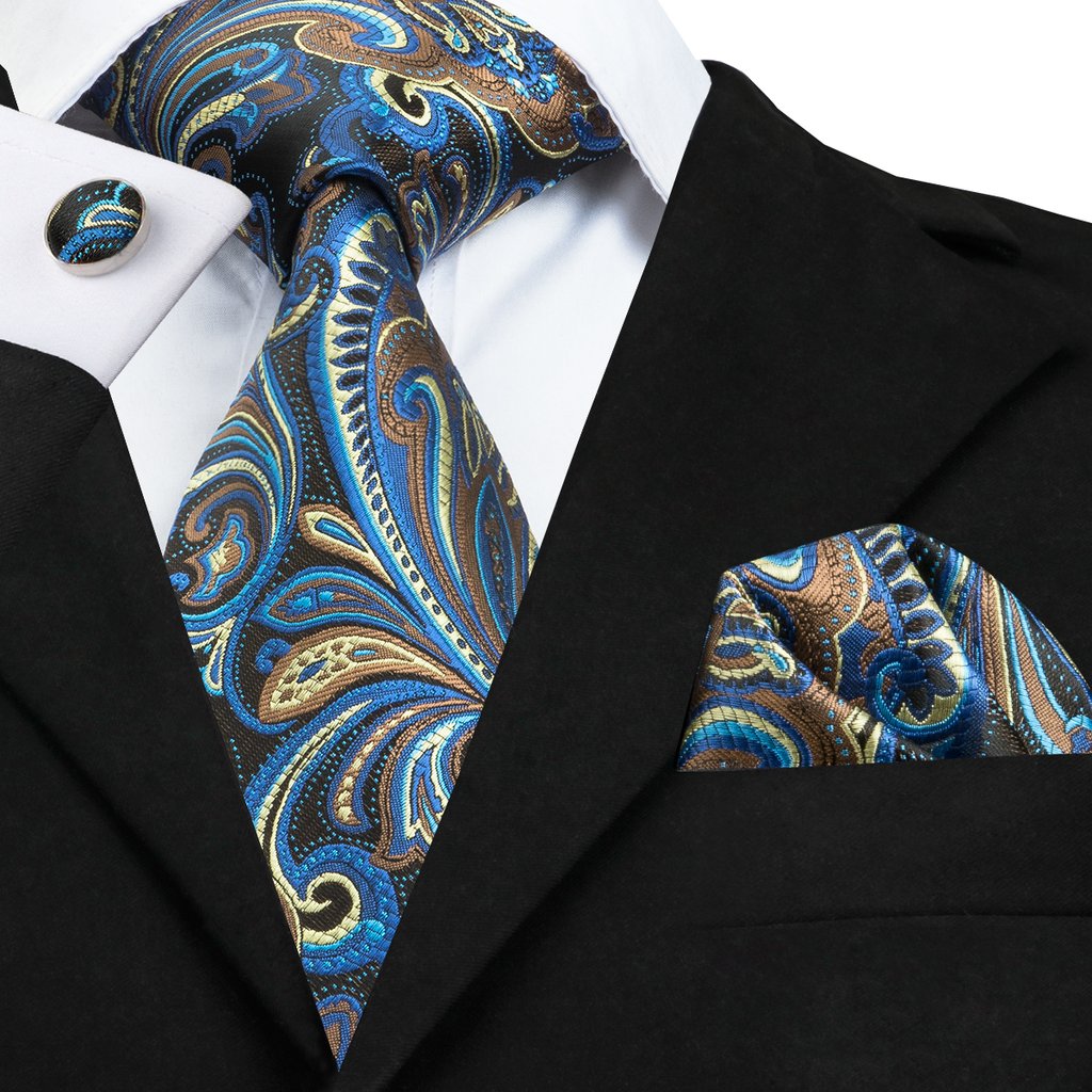 Brown Blue Floral Tie, Pocket Square and Cufflinks Set tie sets - Sophisticated Gentlemen