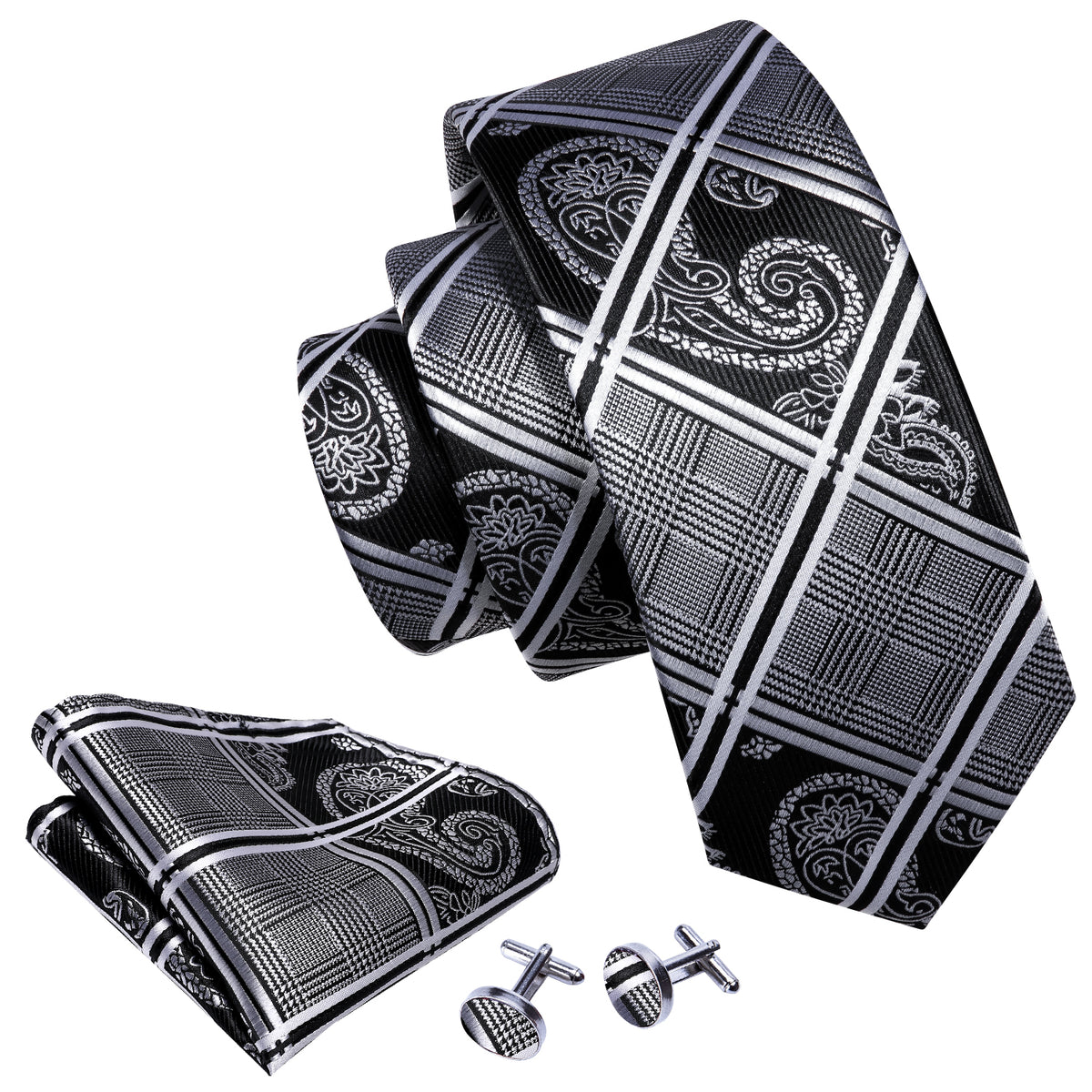 Black and Gray Plaid Tie, Pocket Square and Cufflinks Set tie sets - Sophisticated Gentlemen