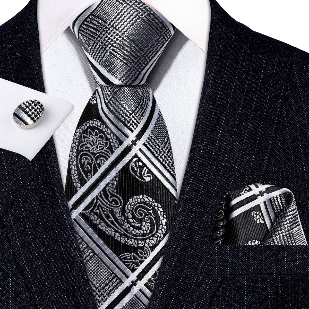Black and Gray Plaid Tie, Pocket Square and Cufflinks Set tie sets - Sophisticated Gentlemen